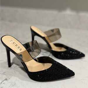 GUESS Black Rhinestone Embellished Heels with Clear Strap